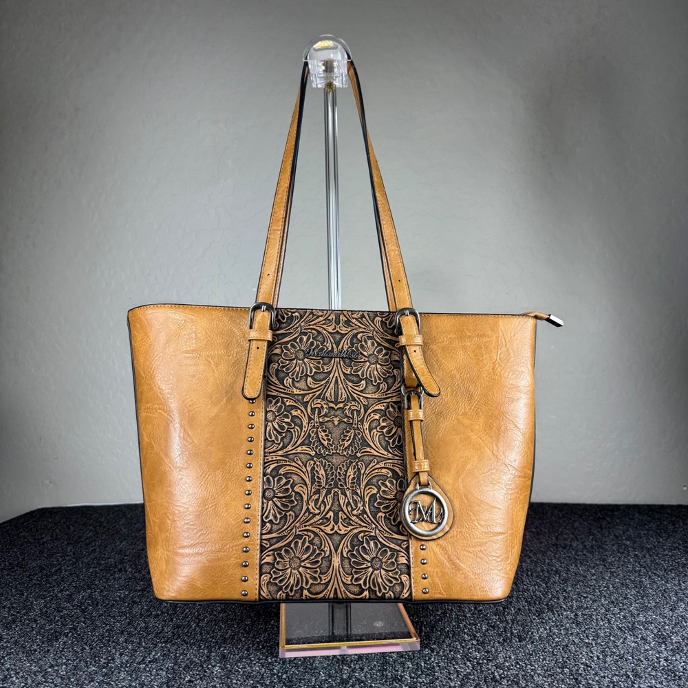 Montana West Tooled Floral Tote Bag Studded Western Shoulder Bag Brown